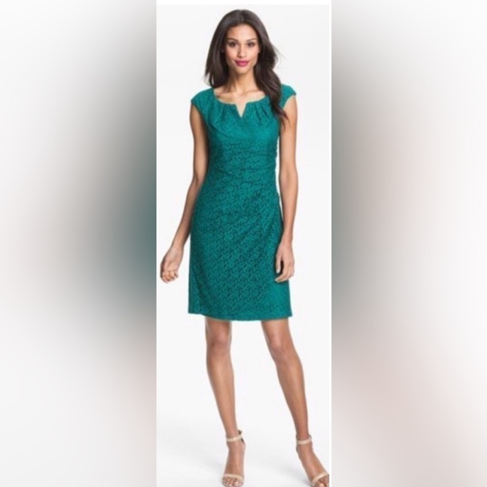 Adrianna Papell Split Neck Faux Wrap Lace Sheath Dress in Teal Sz 6